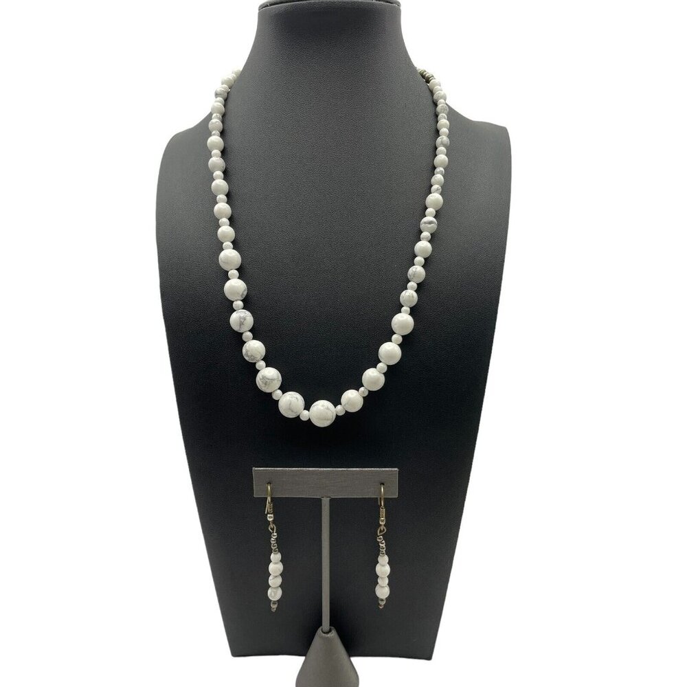Natural Howlite Necklace Dangle Pierced Earring Set Aesthetic White Gray Beaded